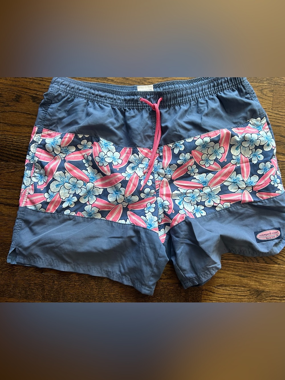 Vineyard Vines Navy Floral Surfboard Swim Trunks with Pink Accents